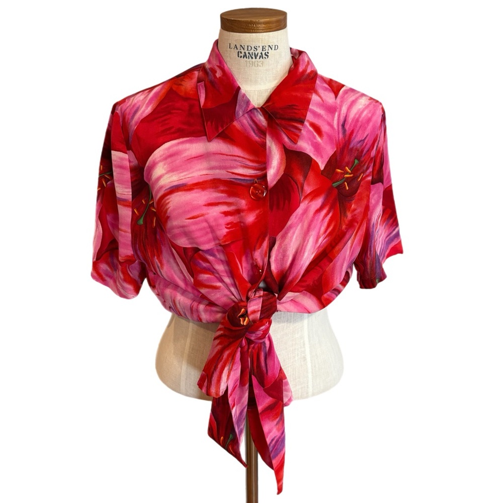 Diane Gilman Silk Hibiscus 🌺 Flower Button Up short Sleeve